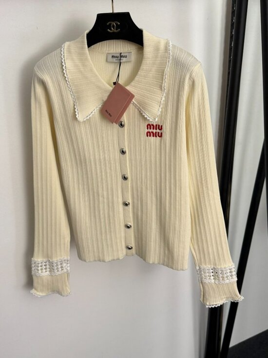 Miu Miu logo embroidered openwork knit cardigan